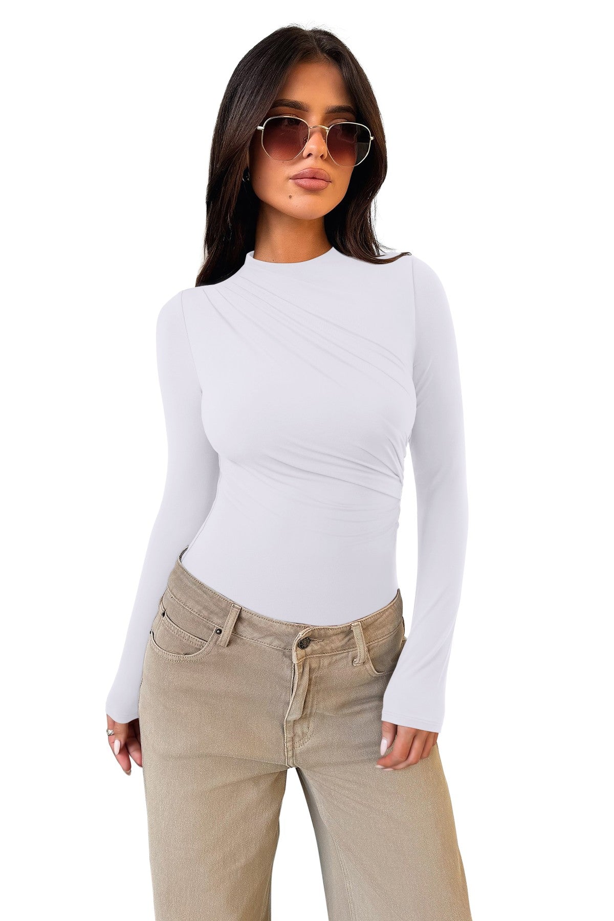Ruched Basic Layering Mock Neck Slim Fit Bodysuit