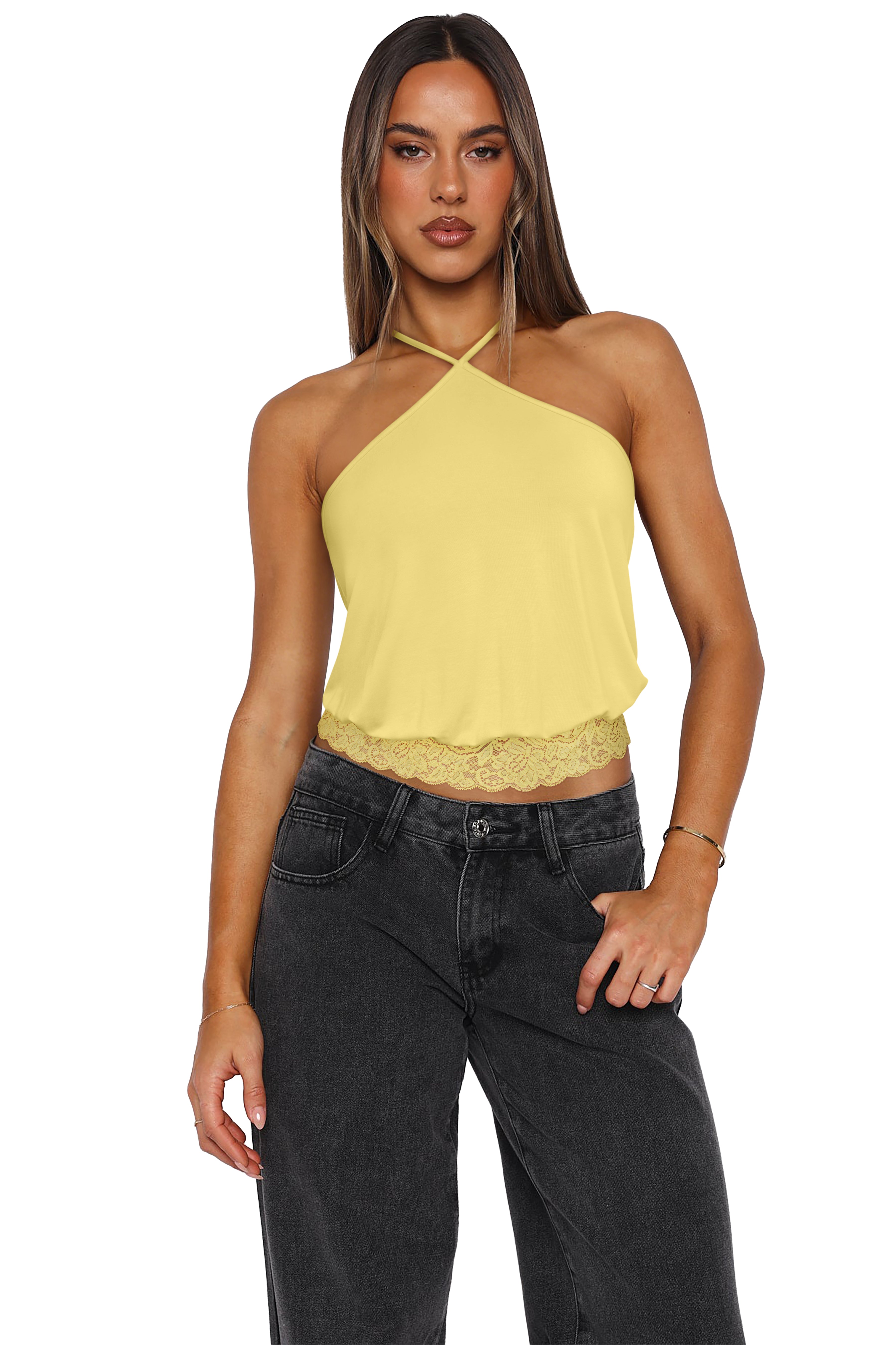 REORIA Backless Halter Lace Trim Crop Tank Top