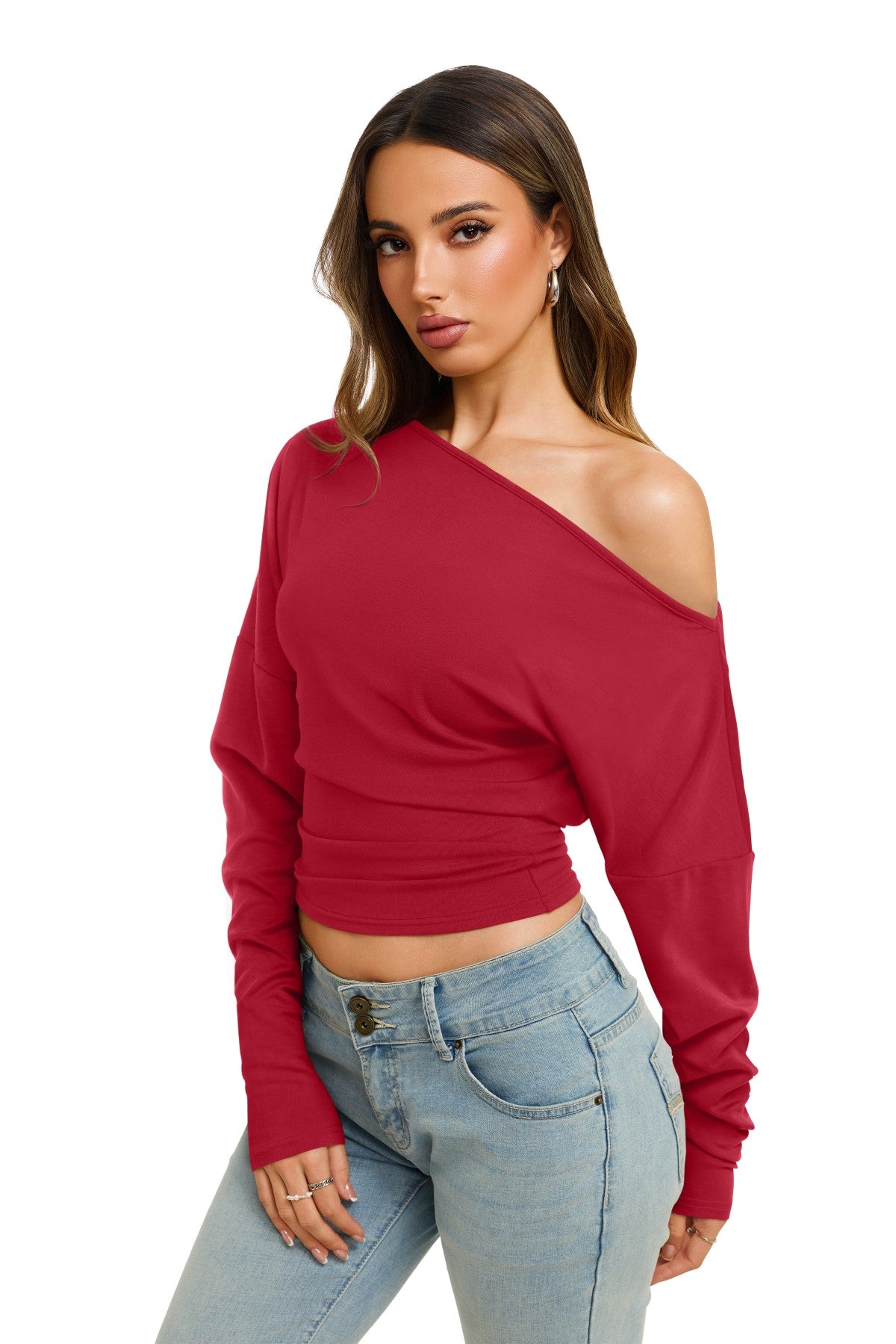 Asymmetrical Off Shoulder Cinched Waist Top