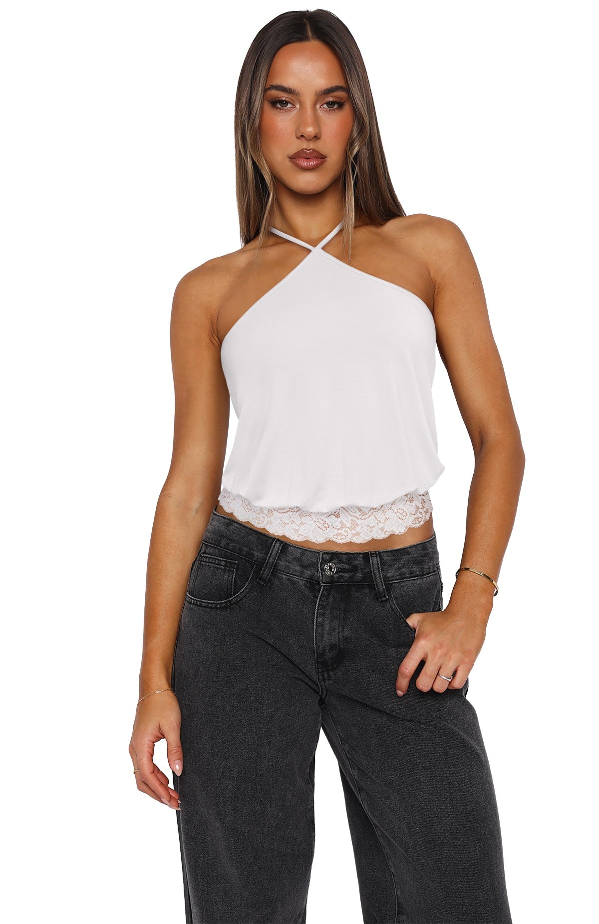 REORIA Backless Halter Lace Trim Crop Tank Top