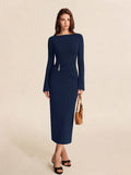Boat Neck Slim Fit Ruched Bodycon Long Dress