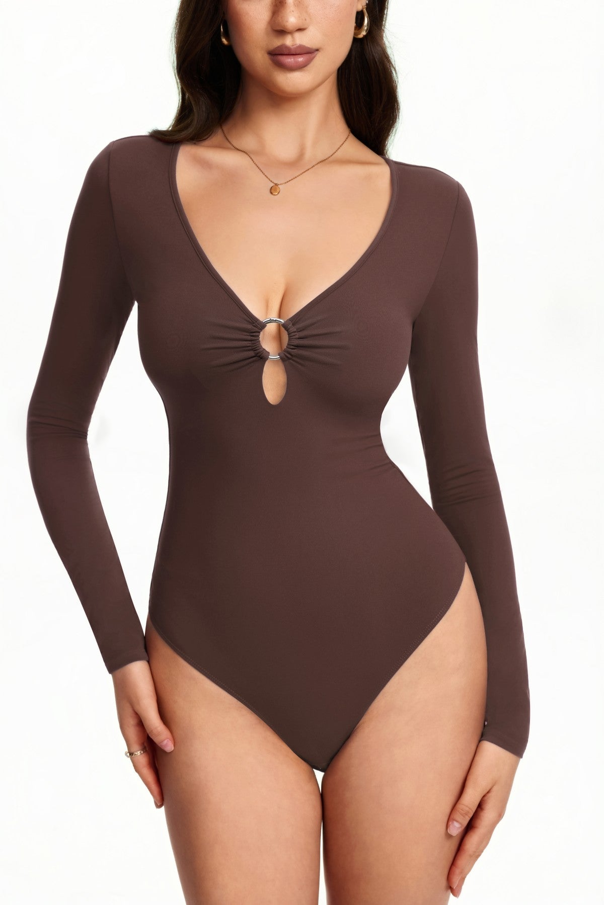 Deep V Neck Long Sleeve Cutout Bodysuit with O-Ring