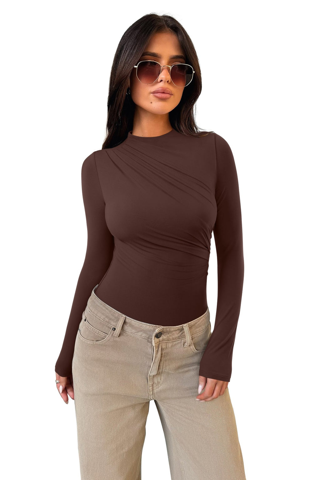 Ruched Basic Layering Mock Neck Slim Fit Bodysuit