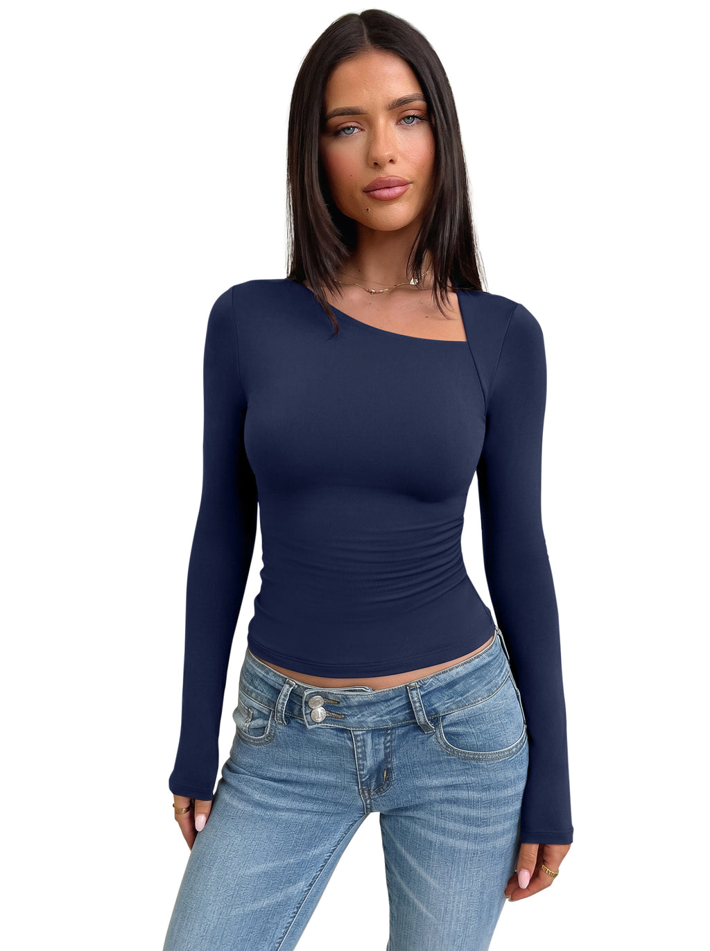 Asymmetrical Neck Long Sleeve Ruched Top