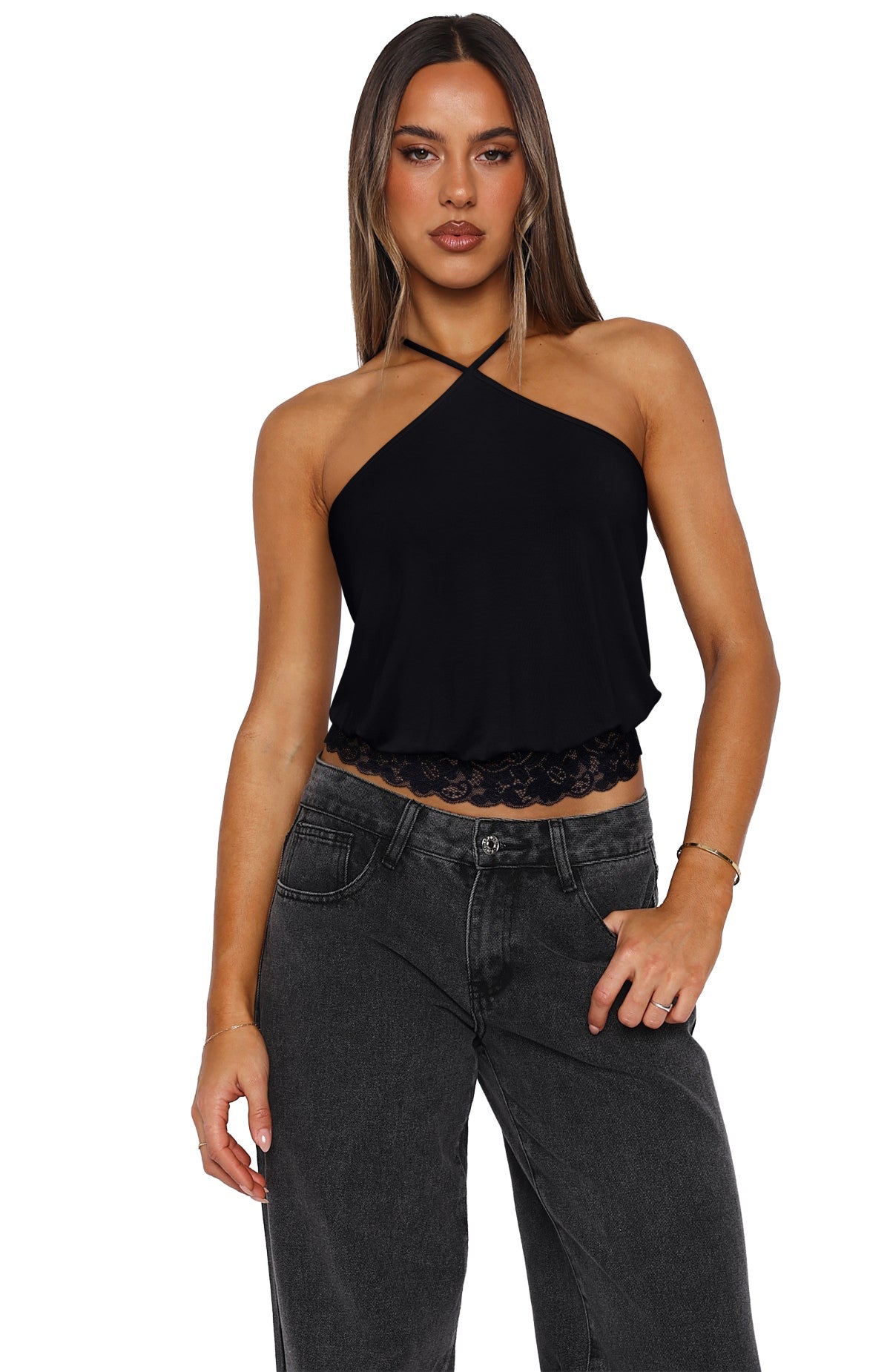 REORIA Backless Halter Lace Trim Crop Tank Top