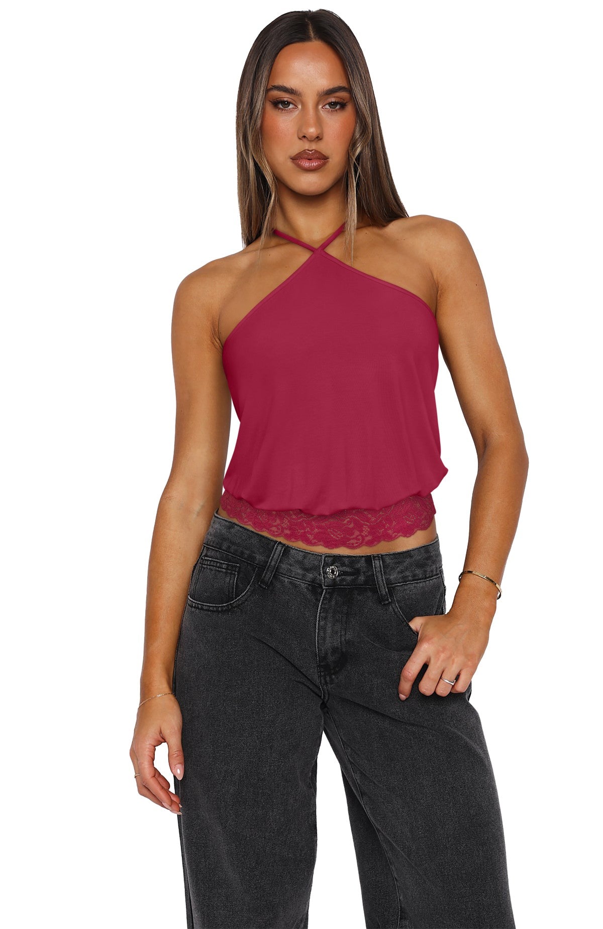 REORIA Backless Halter Lace Trim Crop Tank Top