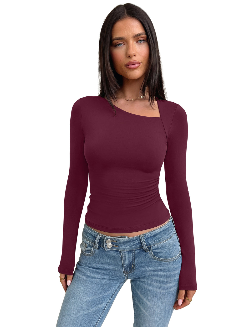 Asymmetrical Neck Long Sleeve Ruched Top