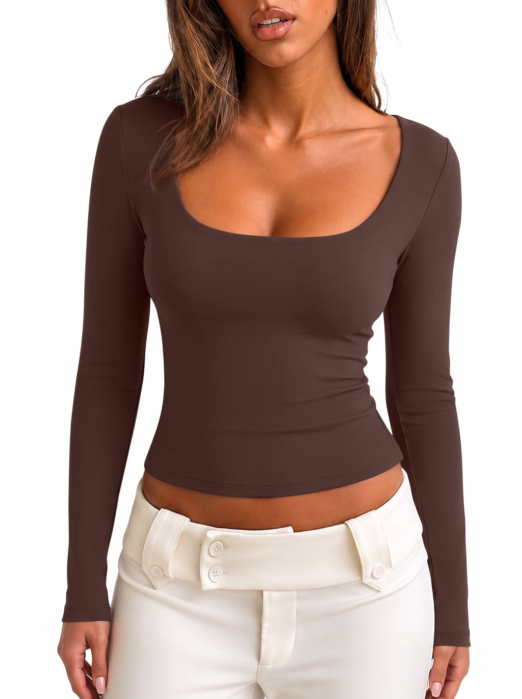 Women's Square Neck Double Lined Long Sleeve Slim Fit Top