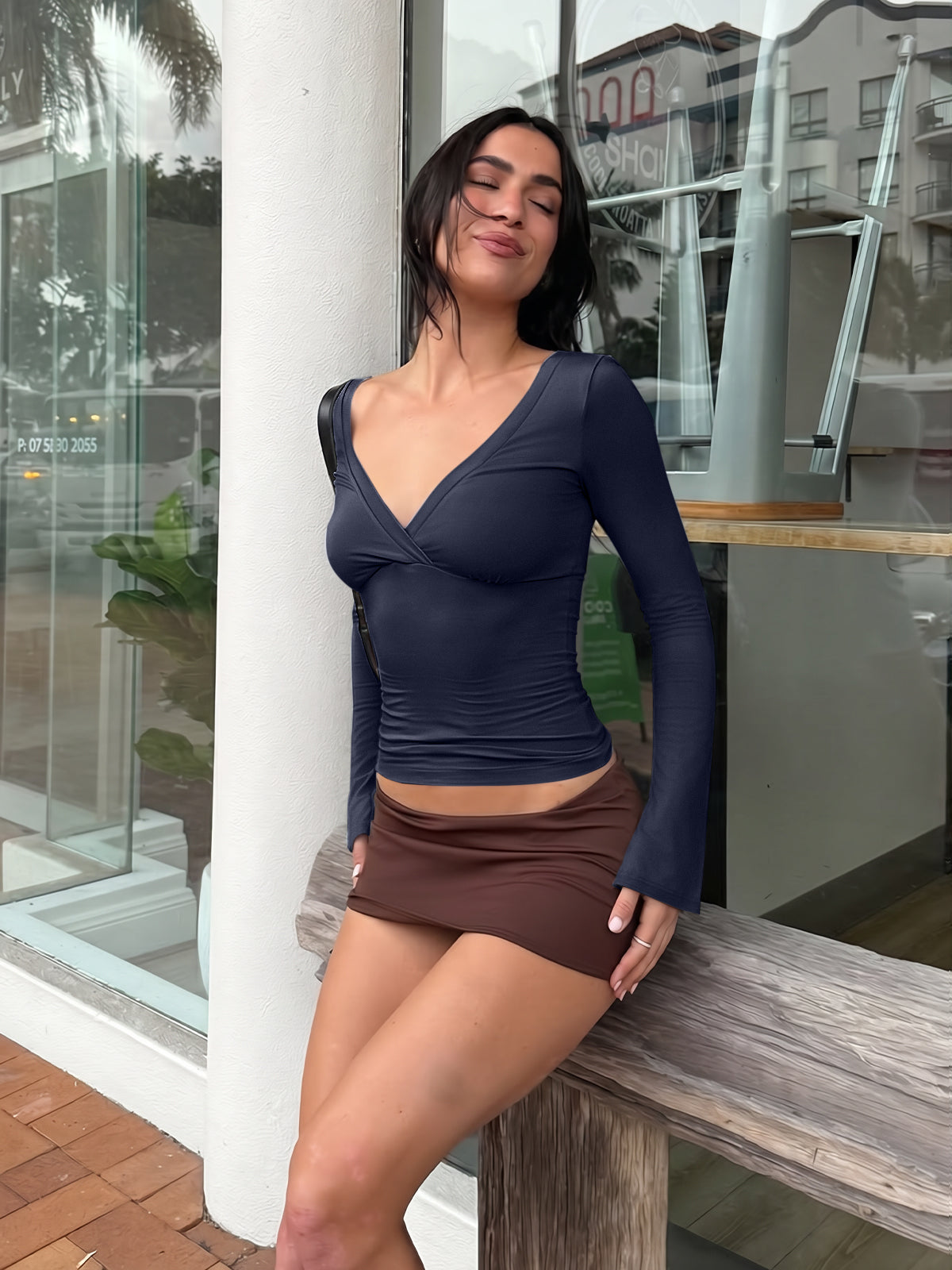 Wrap Deep V Neck Long Bell Sleeve Tops