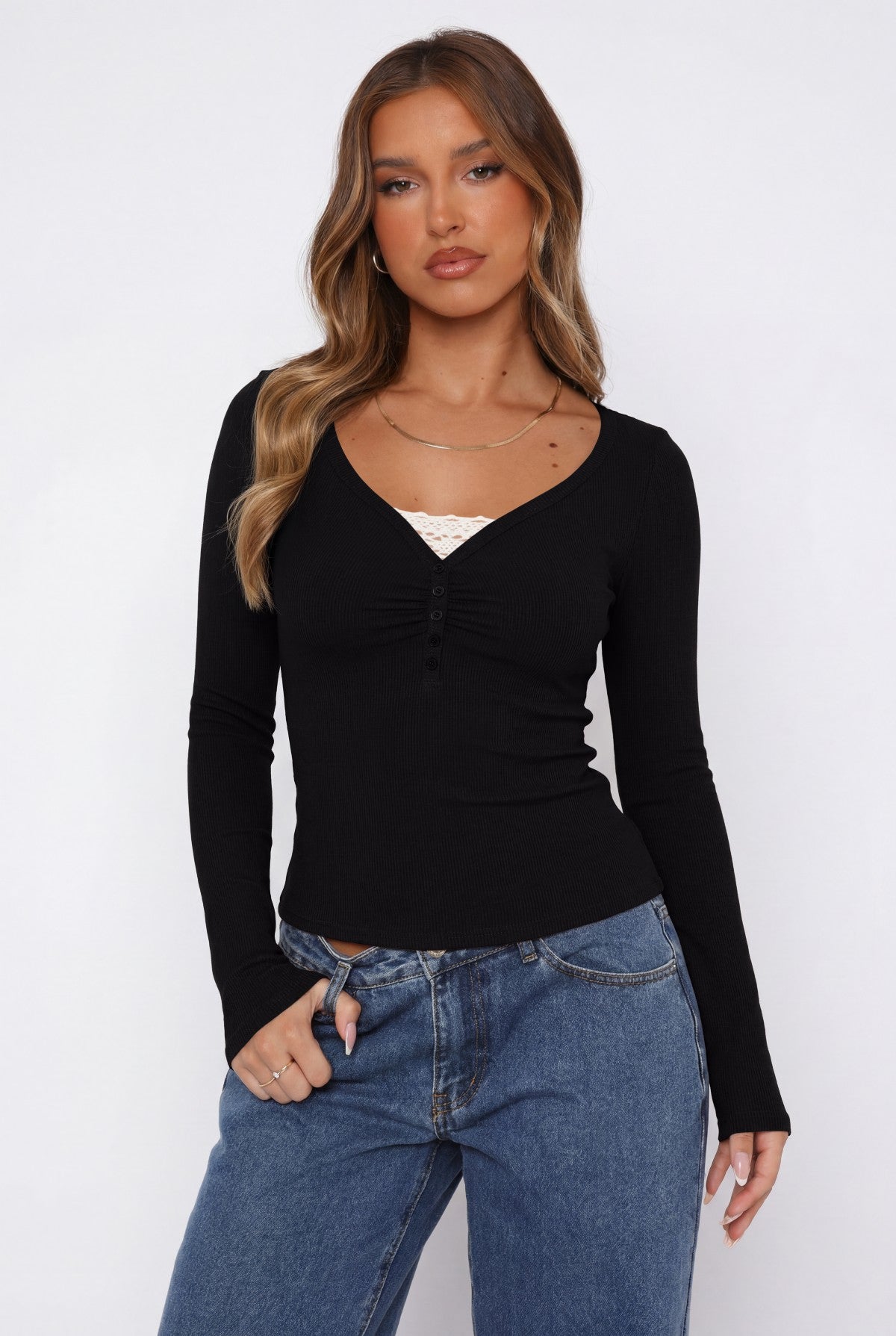 V Neck Ribbed Lace Trim Henley Long Sleeve Top