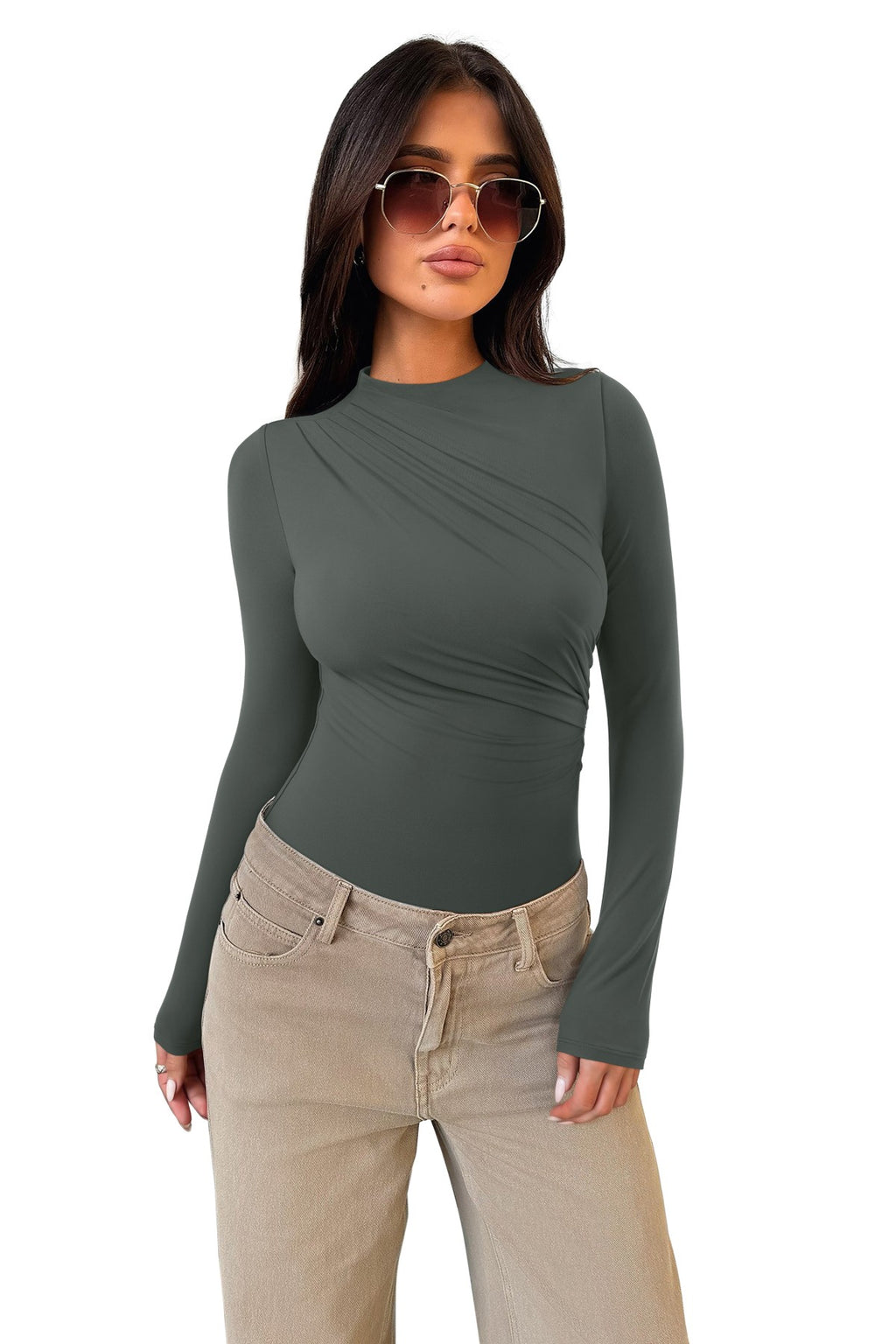 Ruched Basic Layering Mock Neck Slim Fit Bodysuit