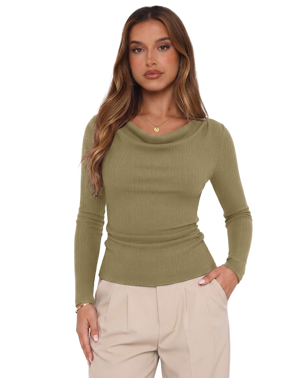 Cowl Neck Long Sleeve Slim Fit Casual Top