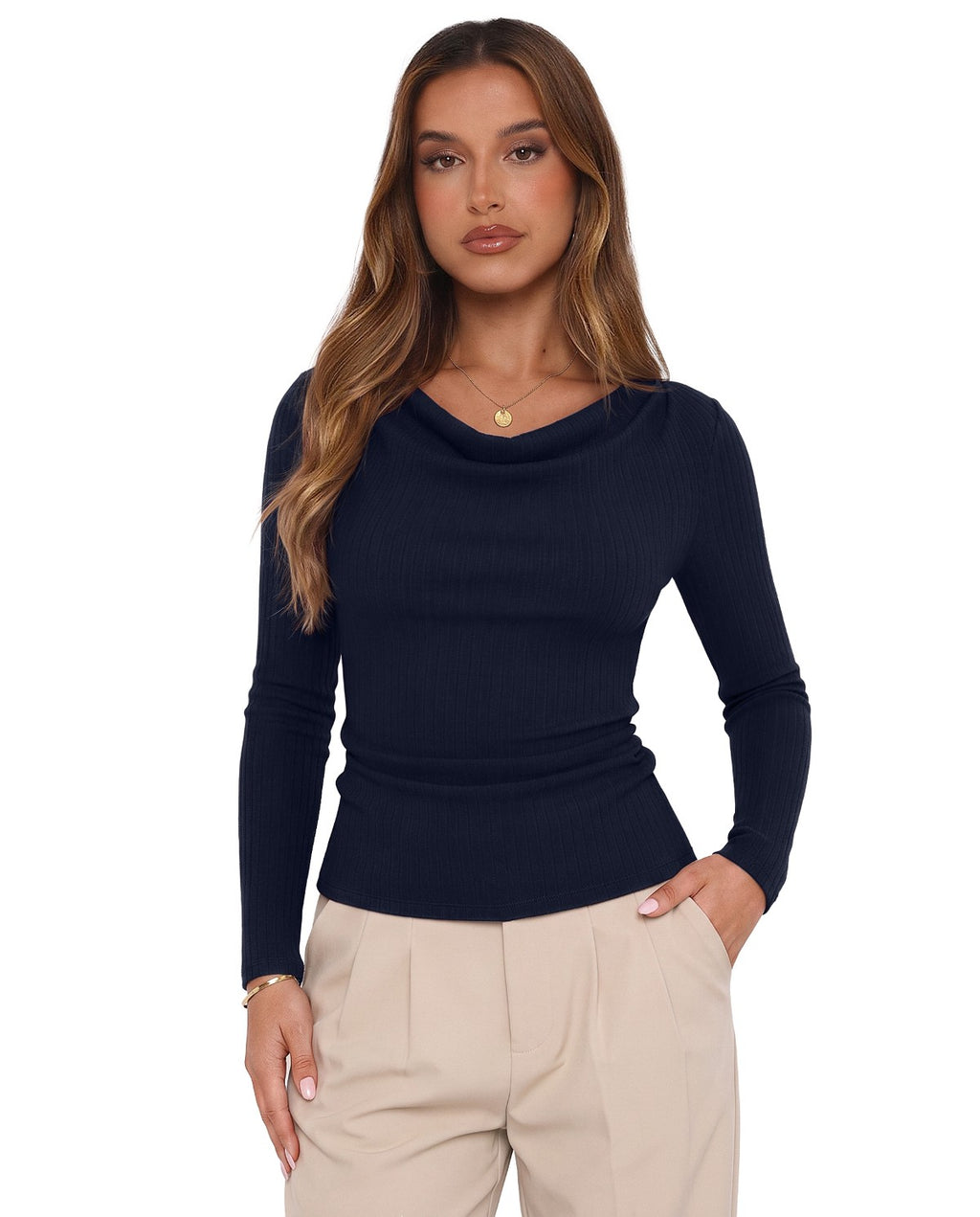 Cowl Neck Long Sleeve Slim Fit Casual Top