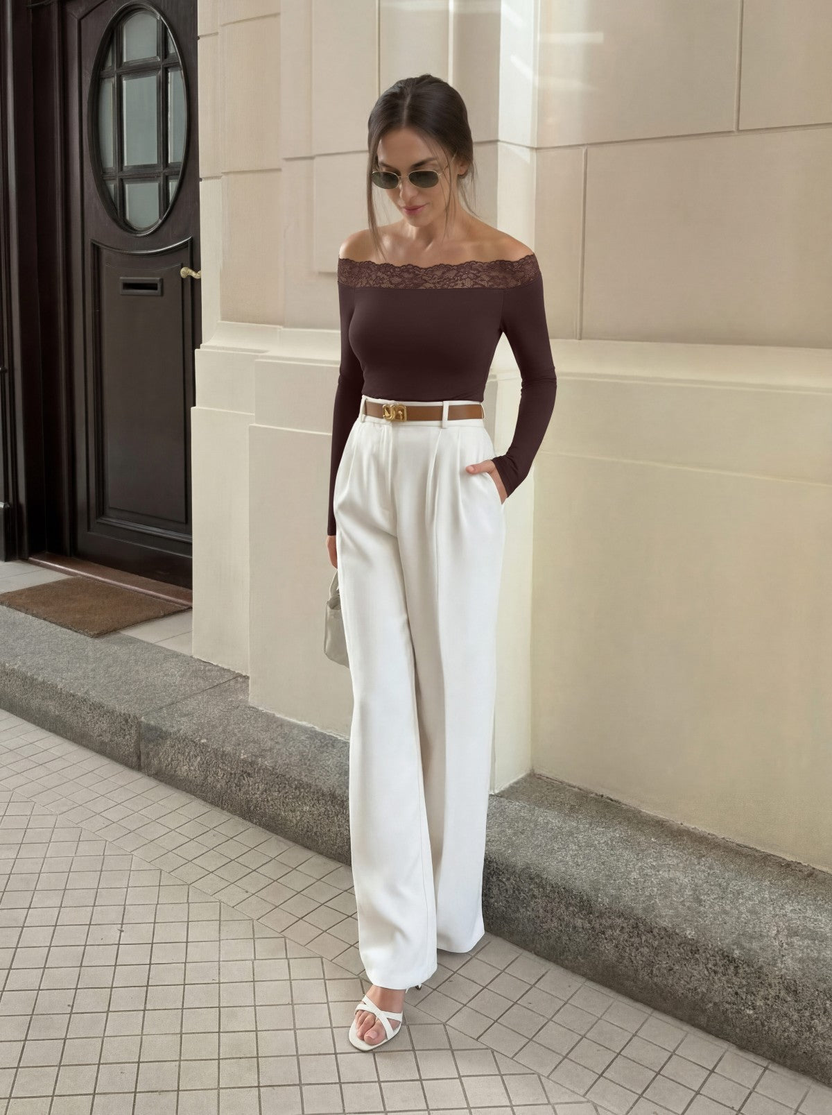 Lace Trim Off Shoulder Long Sleeve Double Lined Slim Fit Top