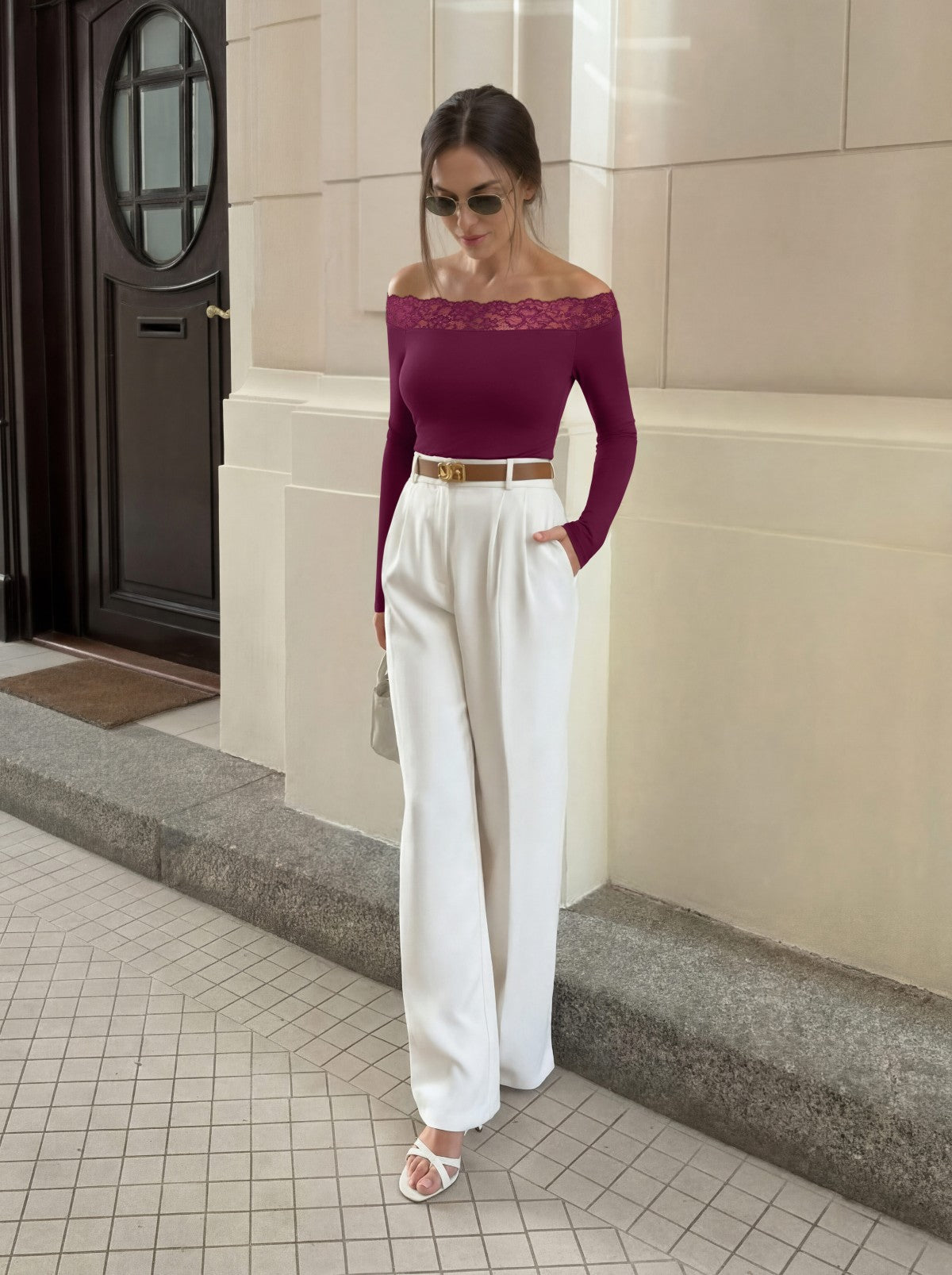 Lace Trim Off Shoulder Long Sleeve Double Lined Slim Fit Top