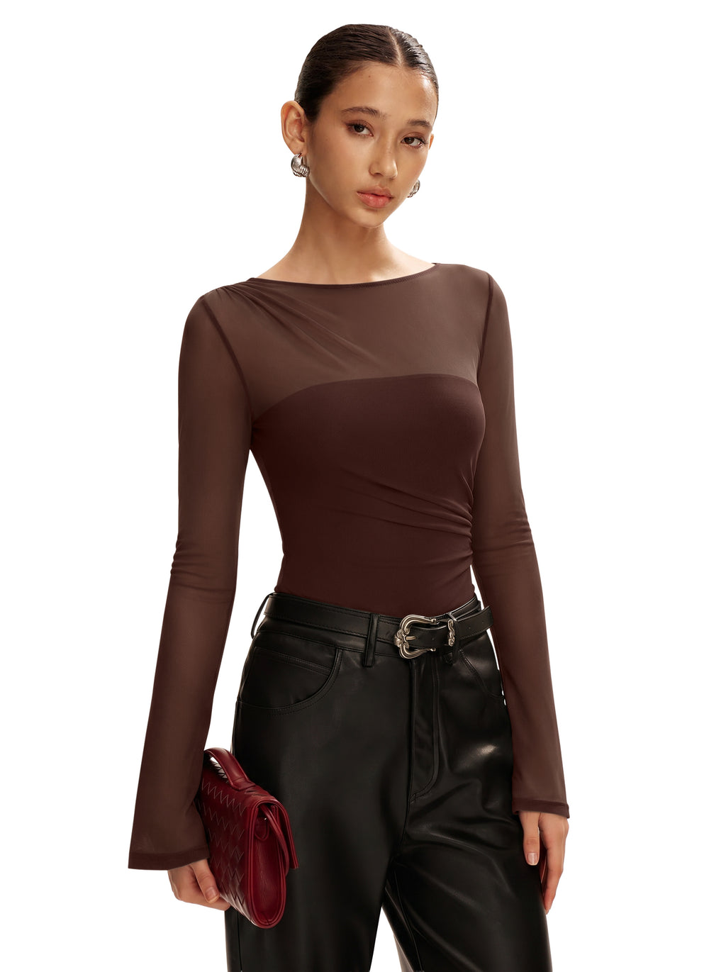 Long Sleeve Boat Neck Sheer Mesh Bodysuit