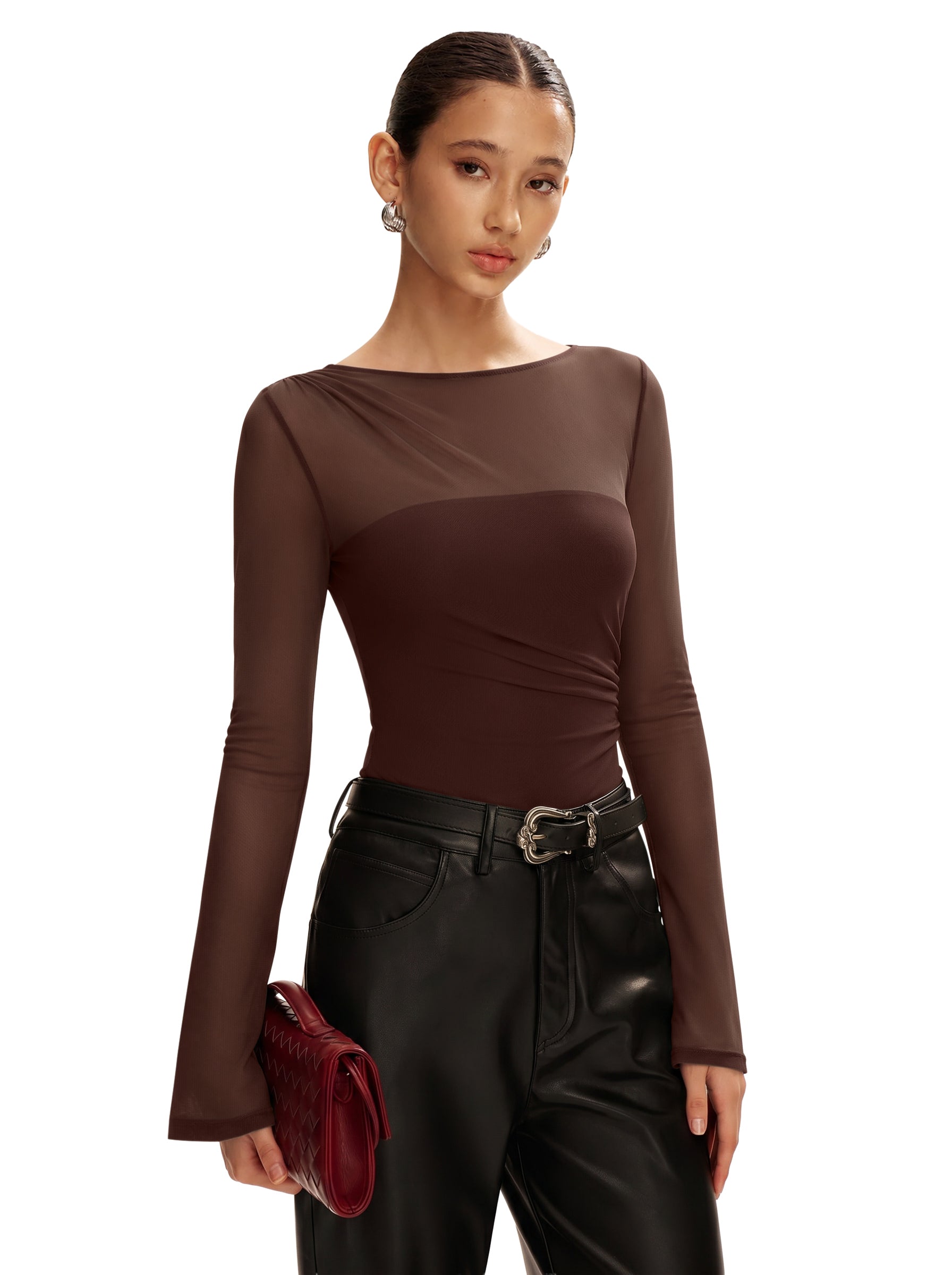 Long Sleeve Boat Neck Sheer Mesh Bodysuit