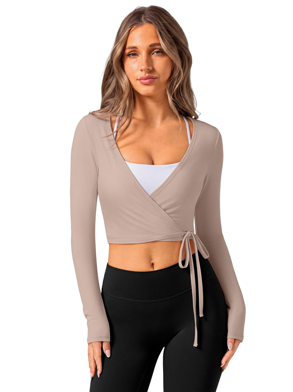 V Neck Long Sleeve Wrap Top with Adjustable Tie