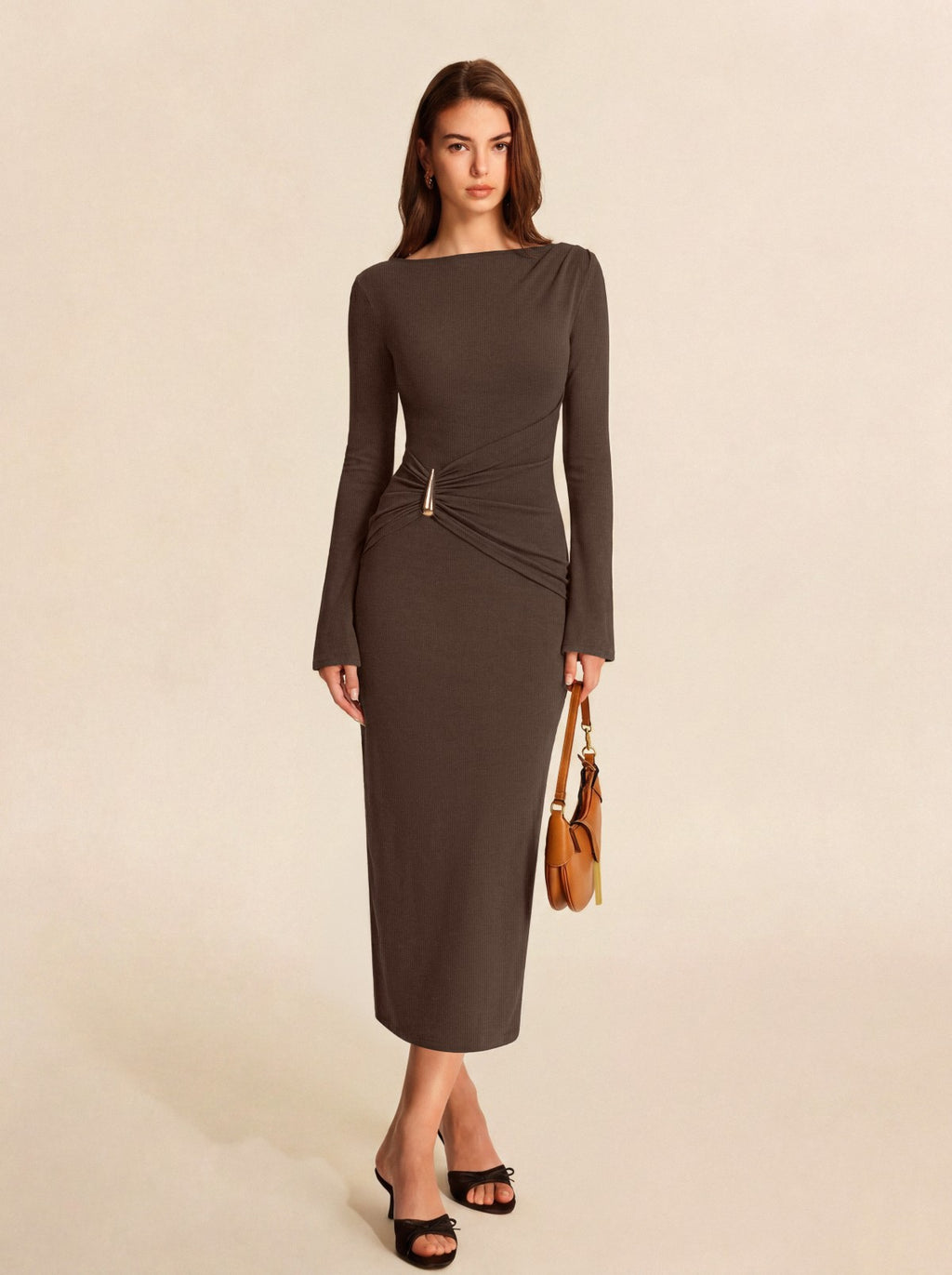 Boat Neck Slim Fit Ruched Bodycon Long Dress