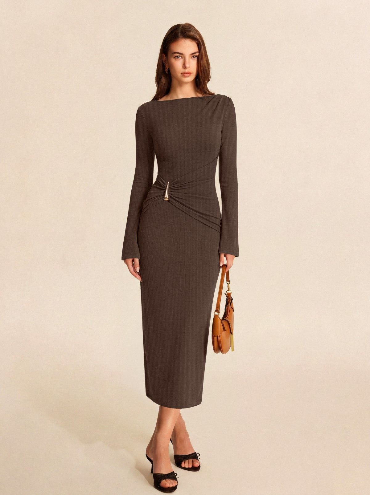 Boat Neck Slim Fit Ruched Bodycon Long Dress