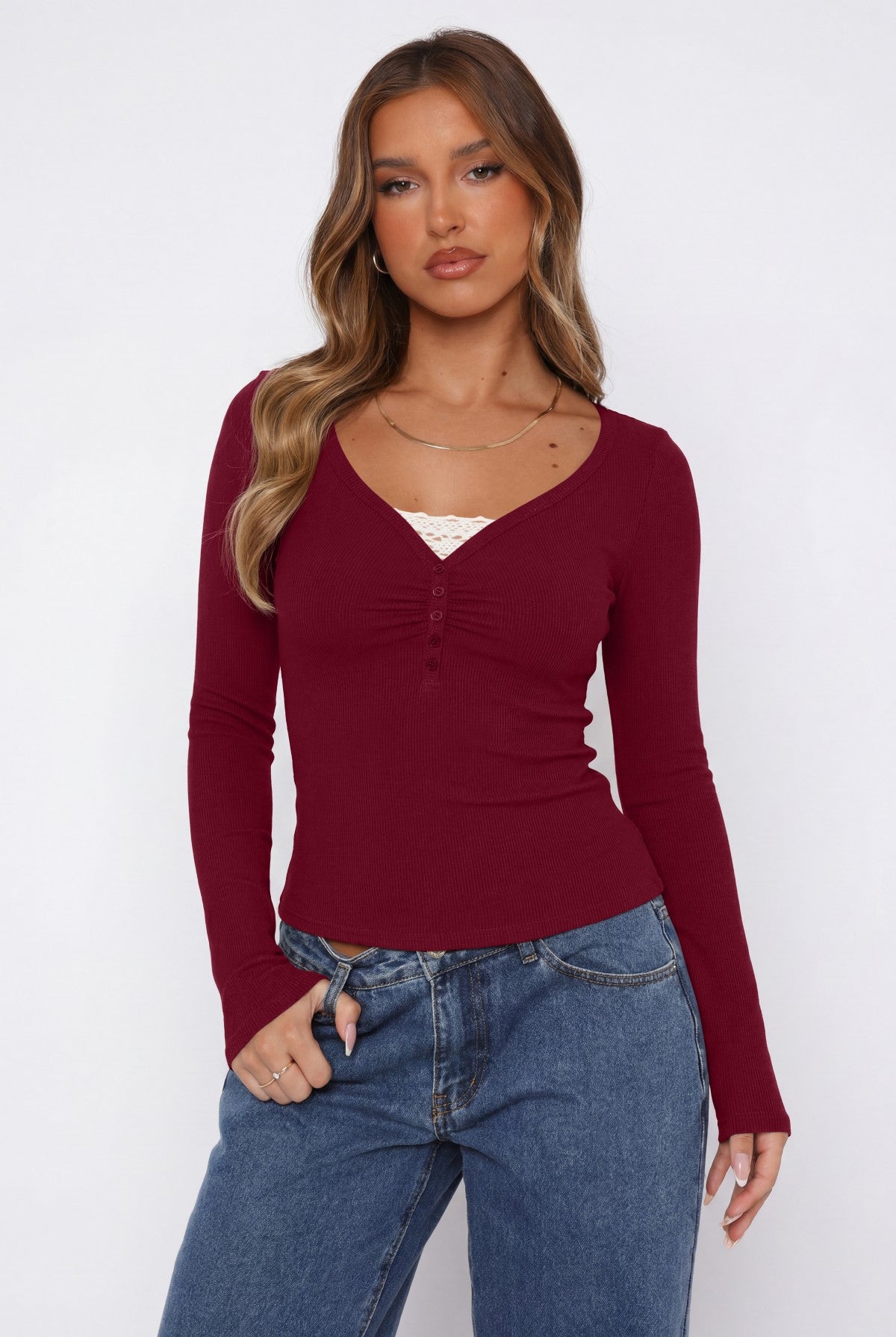 V Neck Ribbed Lace Trim Henley Long Sleeve Top
