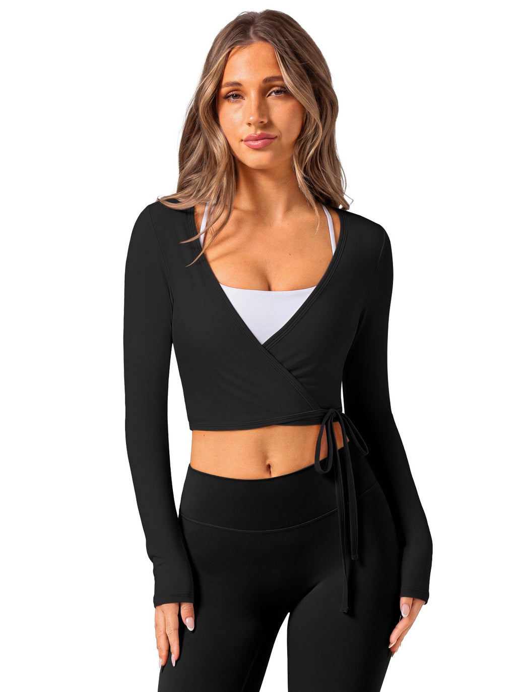 V Neck Long Sleeve Wrap Top with Adjustable Tie