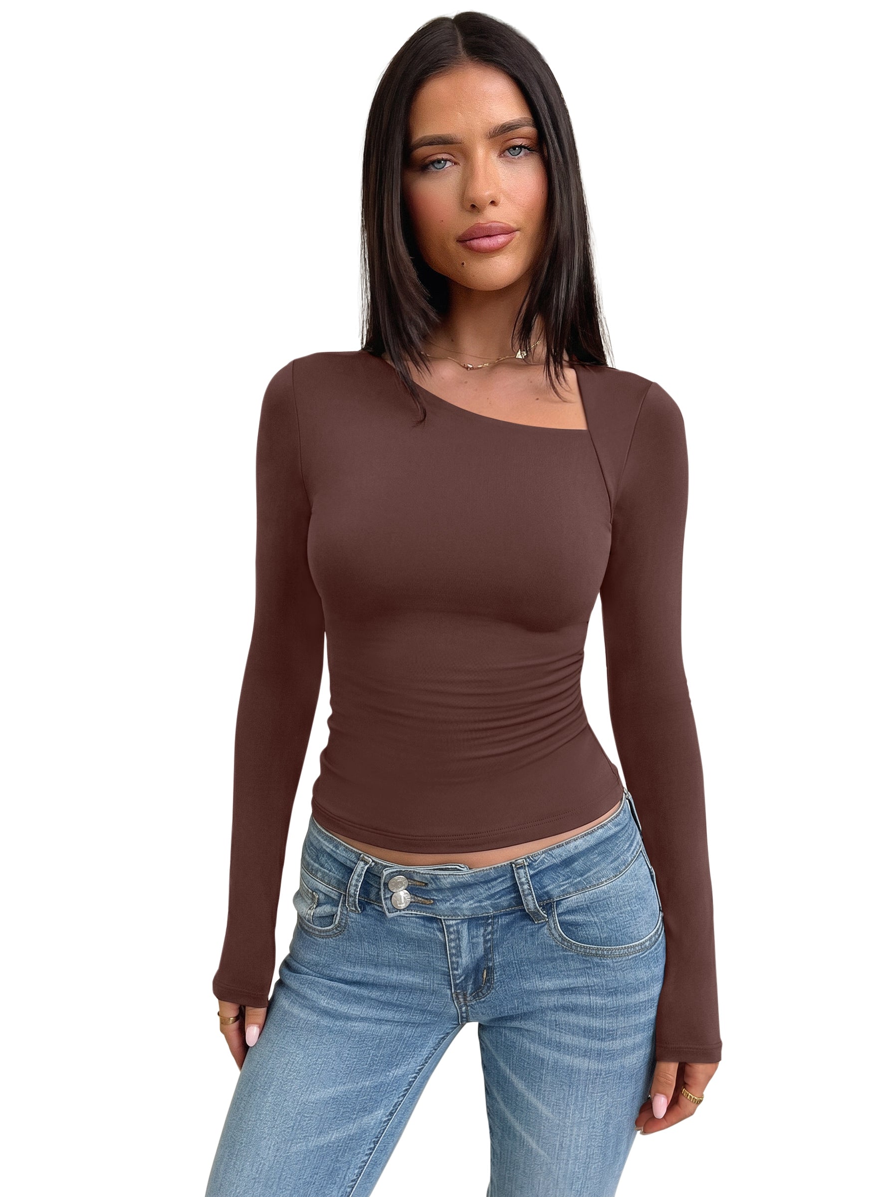 Asymmetrical Neck Long Sleeve Ruched Top