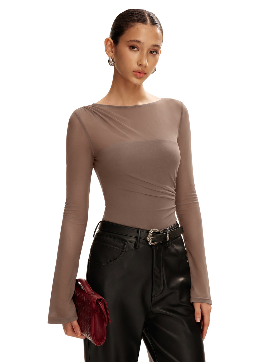 Long Sleeve Boat Neck Sheer Mesh Bodysuit