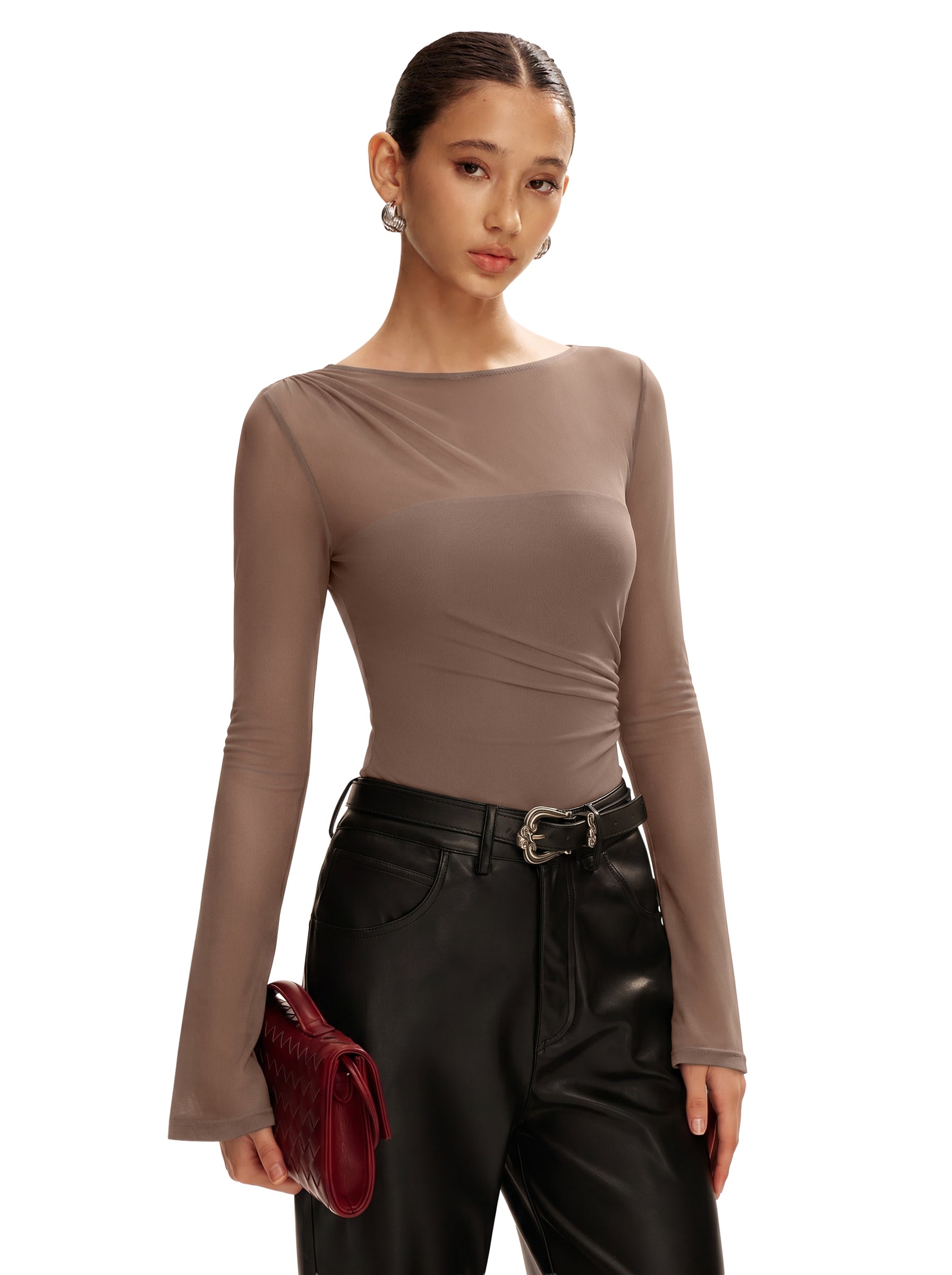 Long Sleeve Boat Neck Sheer Mesh Bodysuit