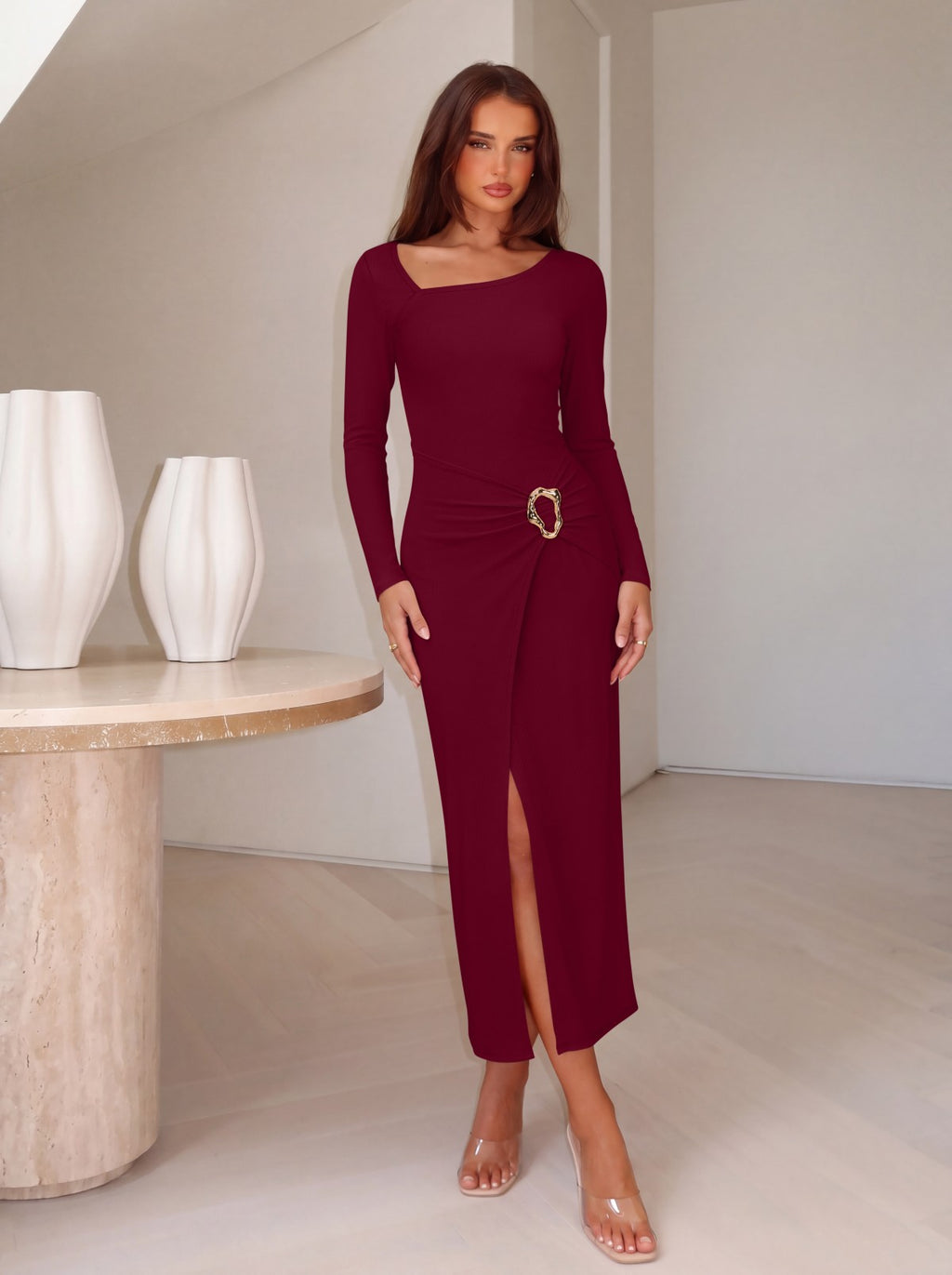 Asymmetrical Square Neck Cocktail Ruched Wrap Midi Dress