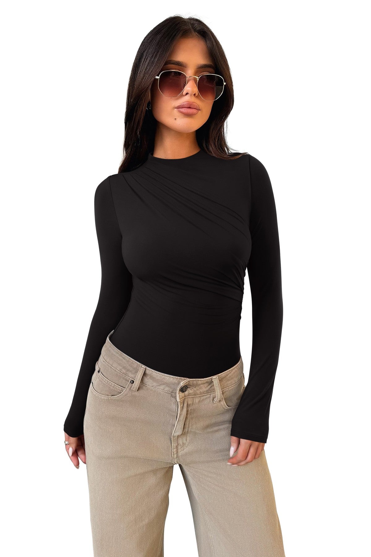 Ruched Basic Layering Mock Neck Slim Fit Bodysuit