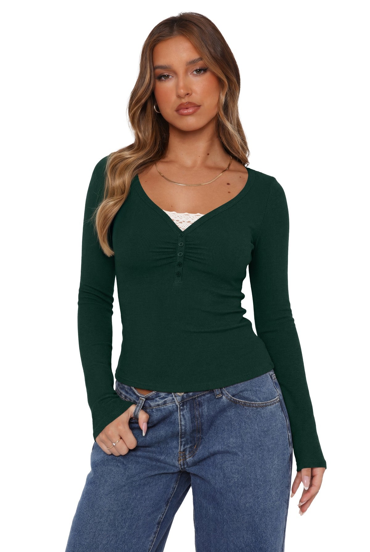 V Neck Ribbed Lace Trim Henley Long Sleeve Top