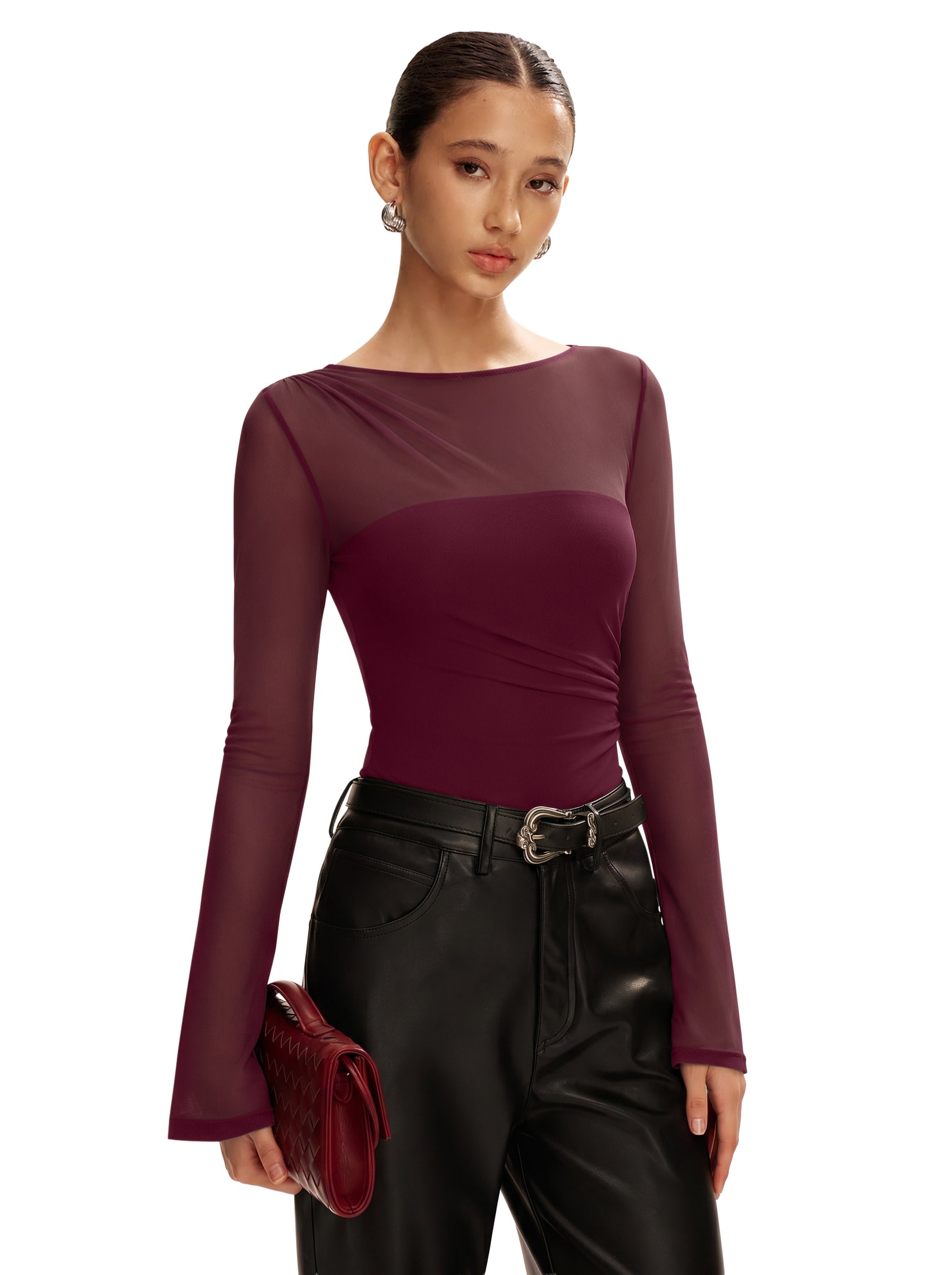Long Sleeve Boat Neck Sheer Mesh Bodysuit