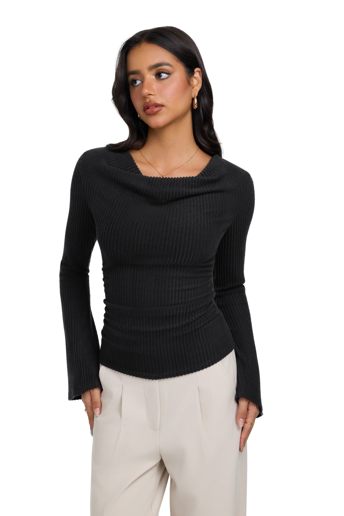 Cowl Neck Ribbed Knit Bell Sleeve Top