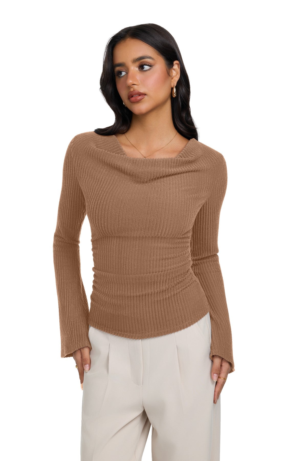 Cowl Neck Ribbed Knit Bell Sleeve Top