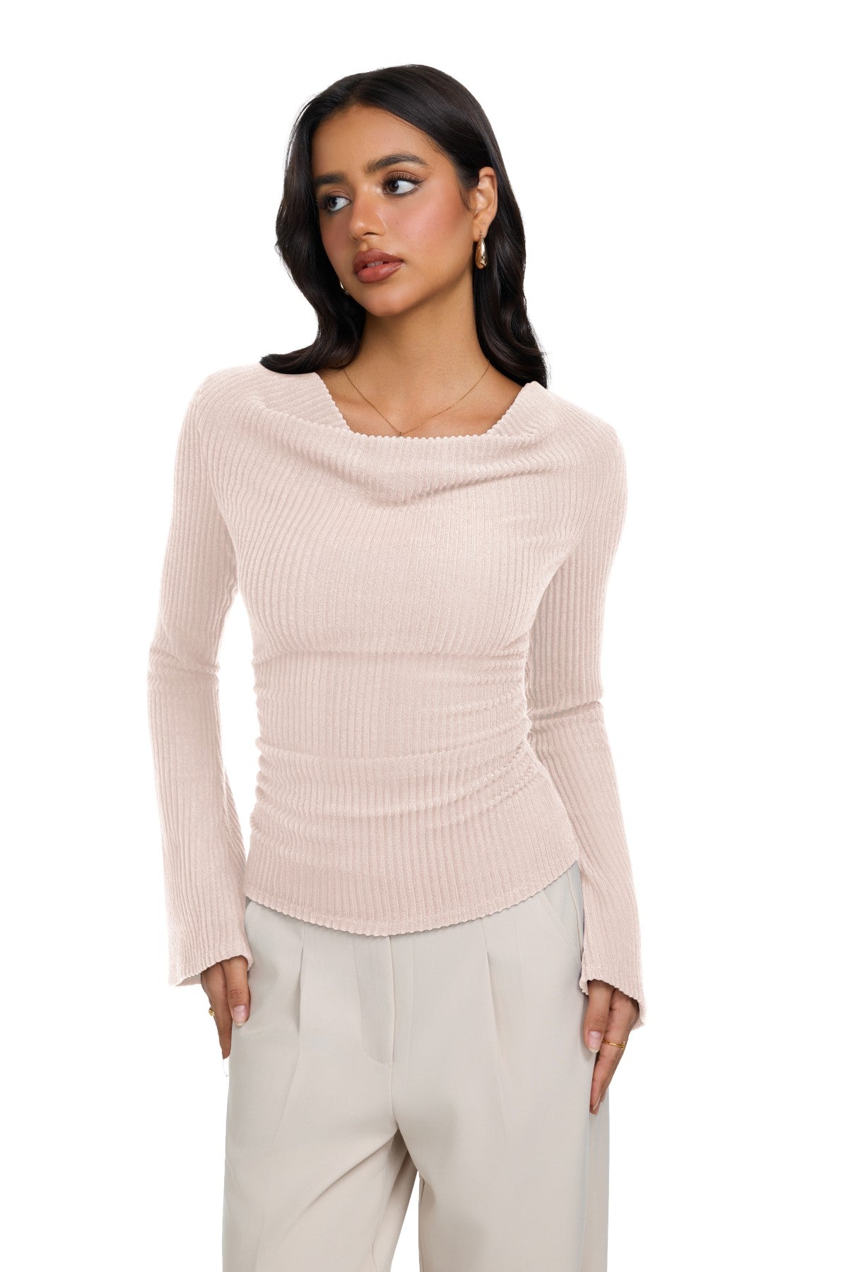 Cowl Neck Ribbed Knit Bell Sleeve Top