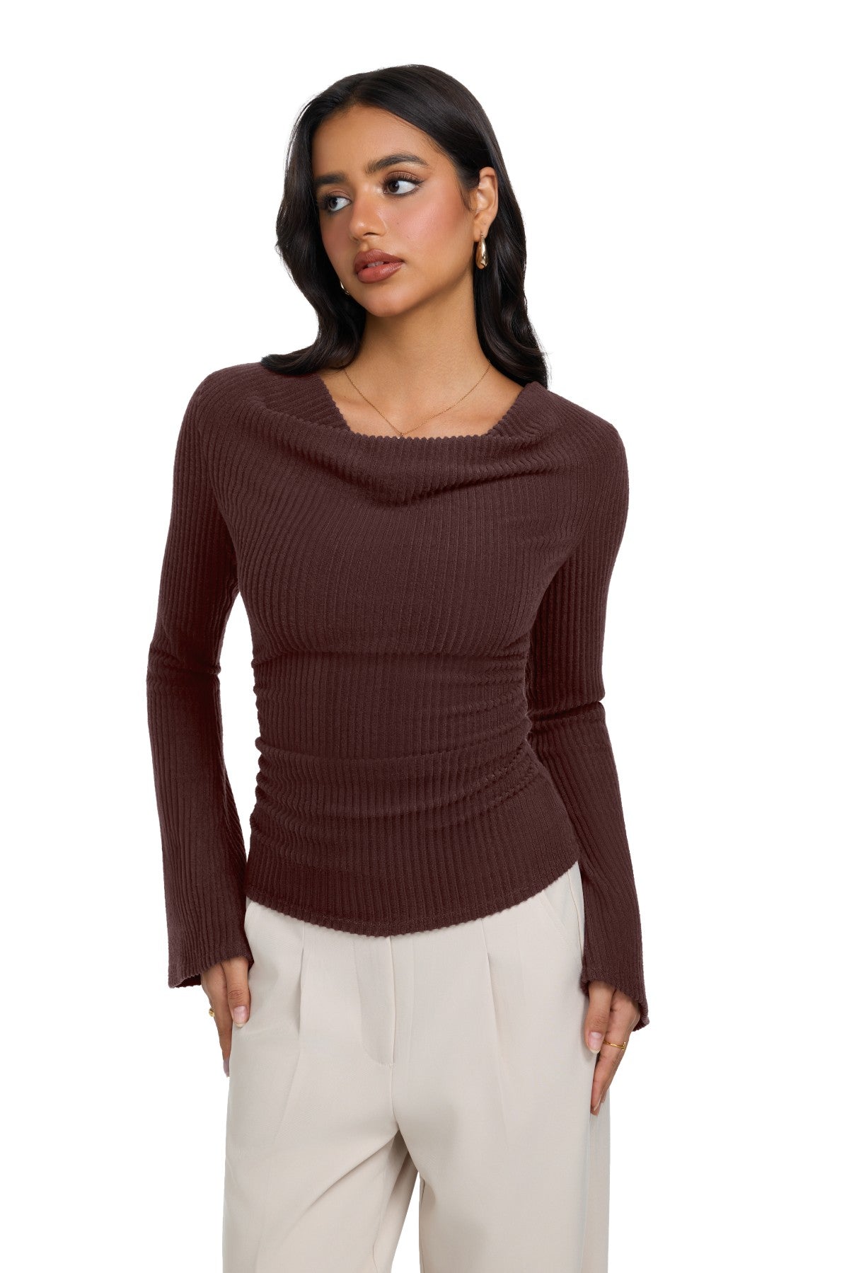 Cowl Neck Ribbed Knit Bell Sleeve Top