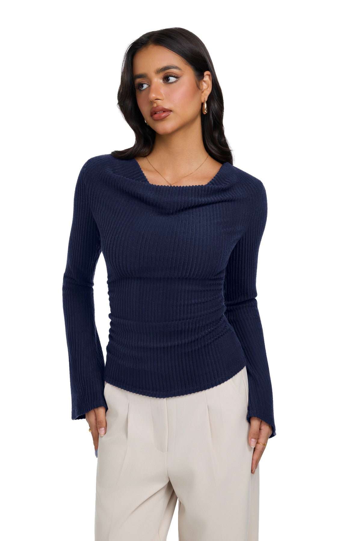 Cowl Neck Ribbed Knit Bell Sleeve Top