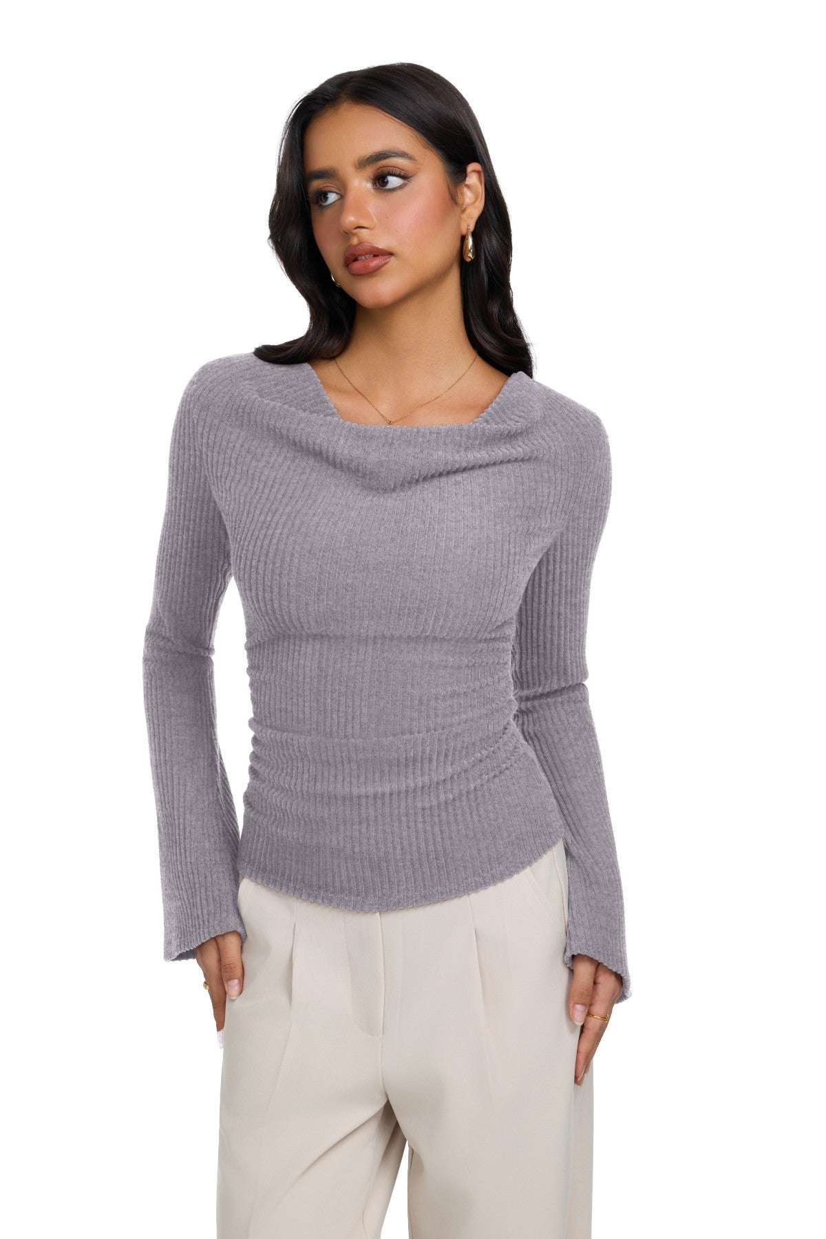 Cowl Neck Ribbed Knit Bell Sleeve Top
