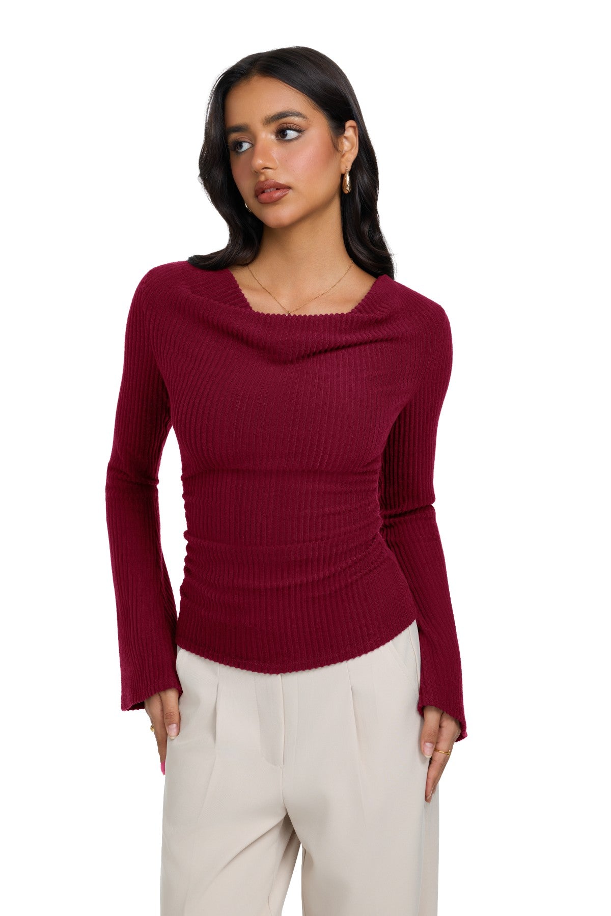 Cowl Neck Ribbed Knit Bell Sleeve Top