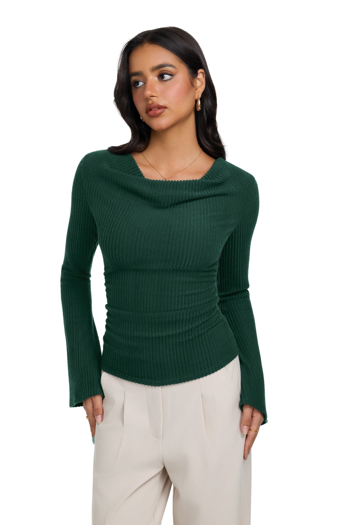 Cowl Neck Ribbed Knit Bell Sleeve Top