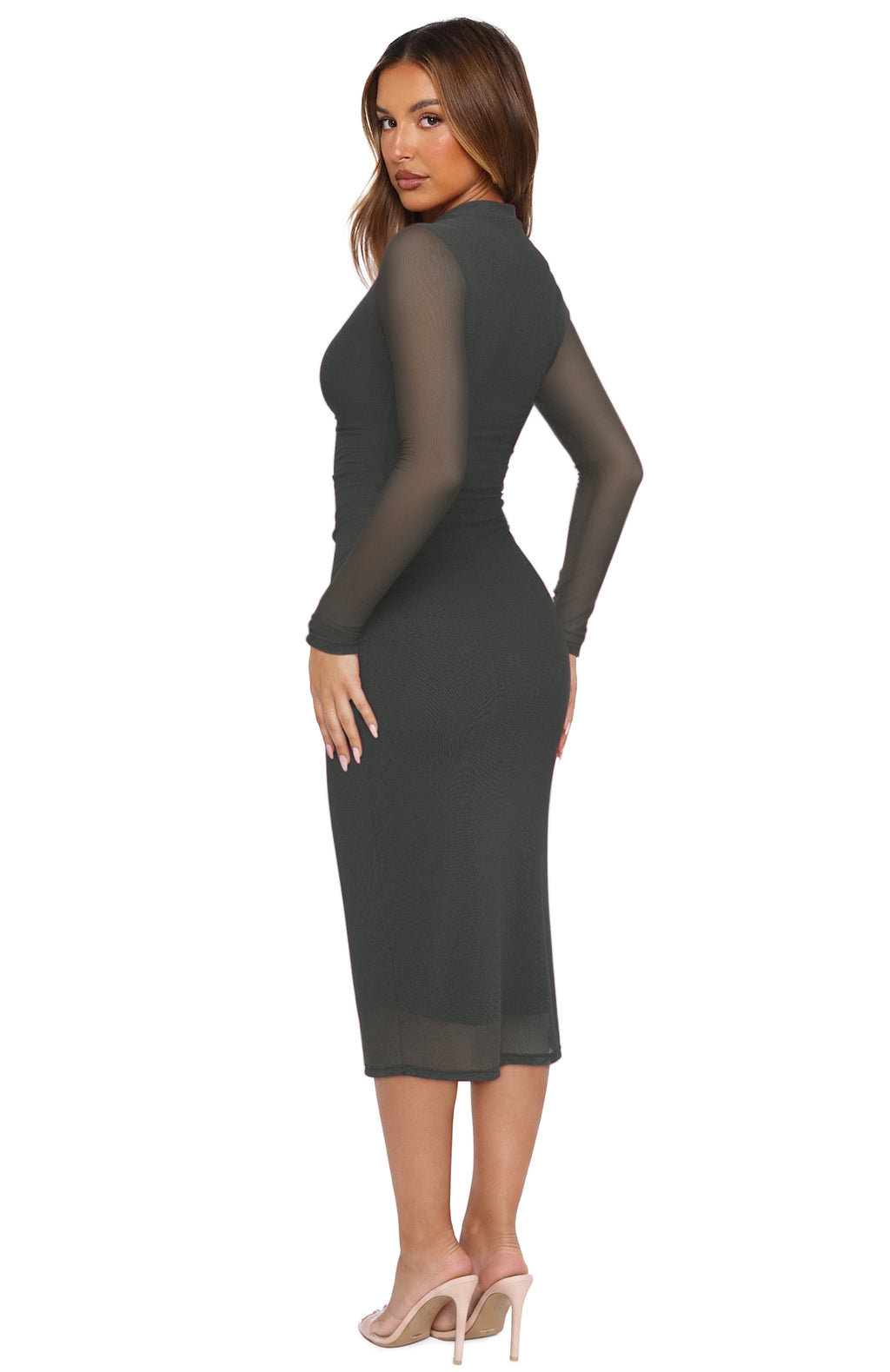 Mesh Sheer Sleeve Bodycon Midi Wedding Guest Dresses