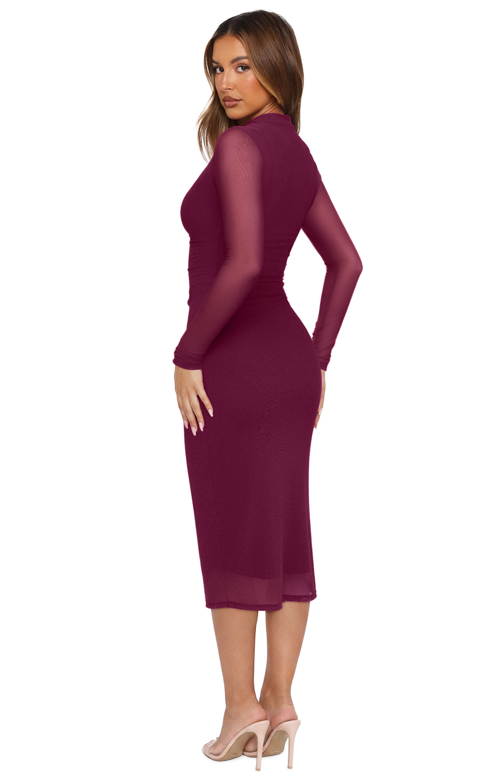 Mesh Sheer Sleeve Bodycon Midi Wedding Guest Dresses