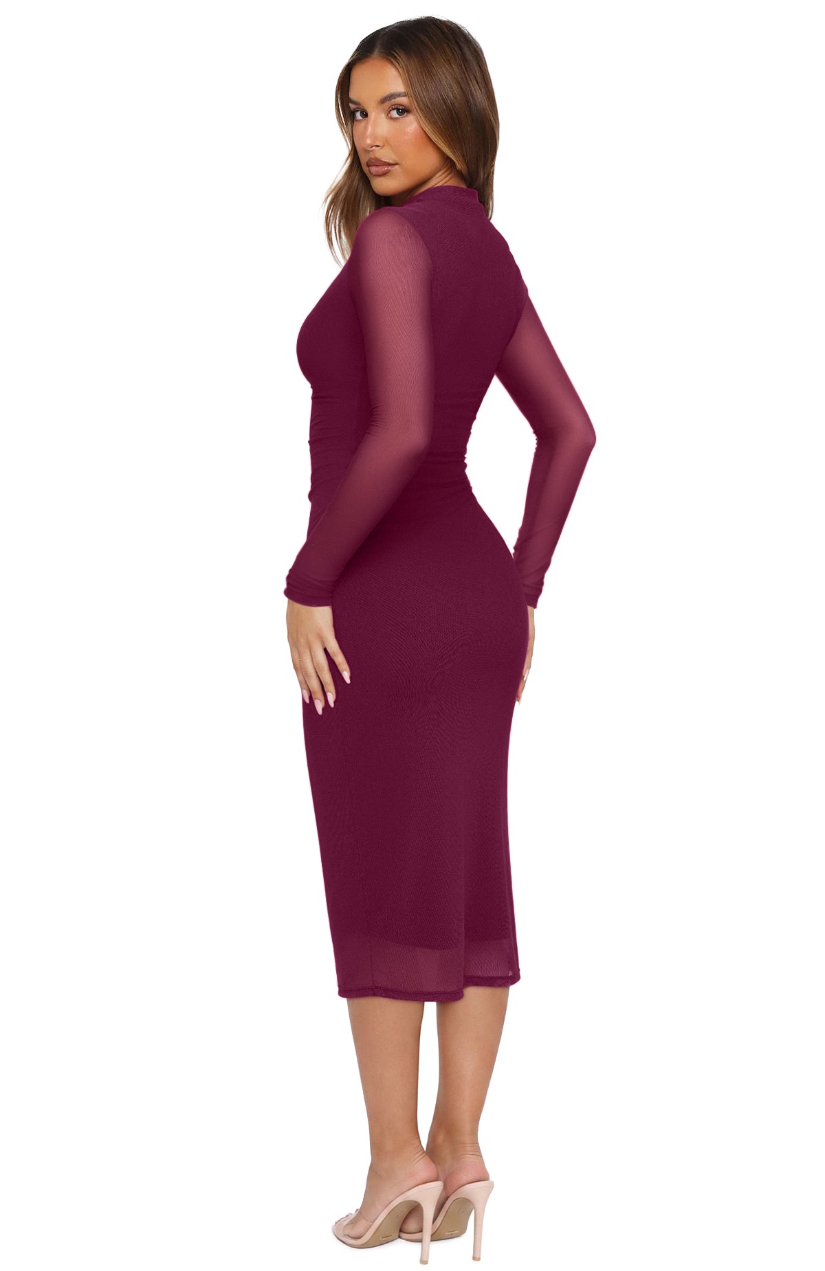 Mesh Sheer Sleeve Bodycon Midi Wedding Guest Dresses