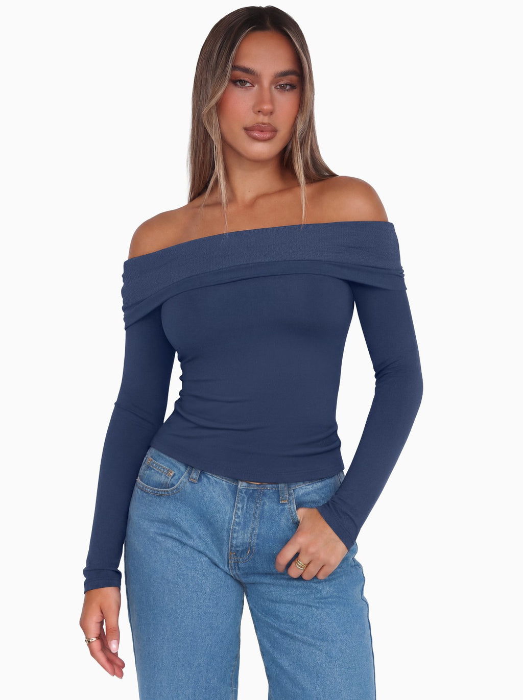 Off Shoulder Long Sleeve Mesh Slim Fit Double Lined Top