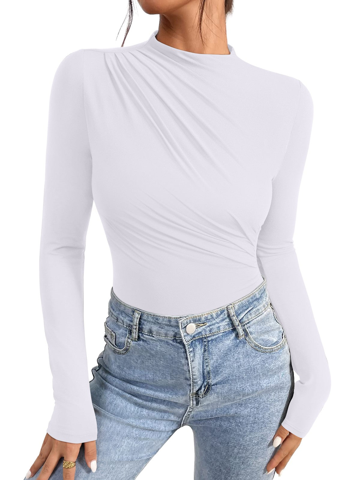 Ruched Basic Layering Mock Neck Slim Fit Bodysuit