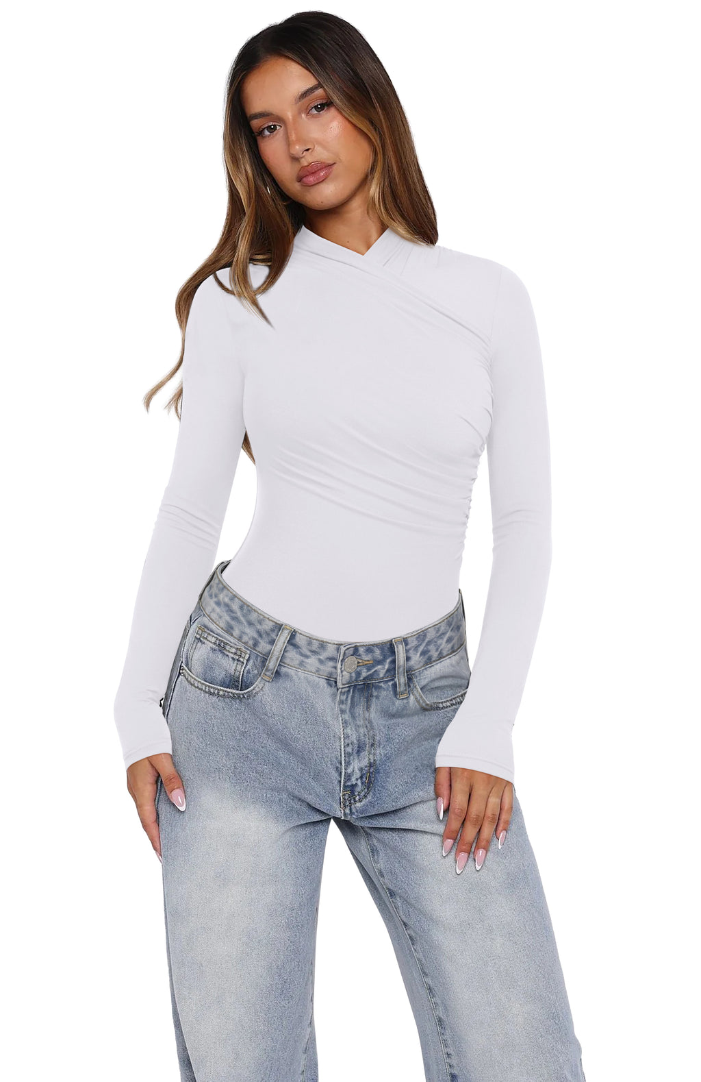 Mock Neck Ruched Sexy Wrap Bodysuit