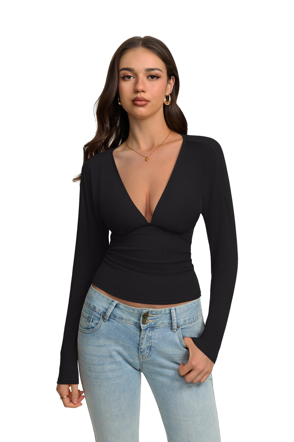 V Neck Ruched Batwing Sleeve Slim Fit Top
