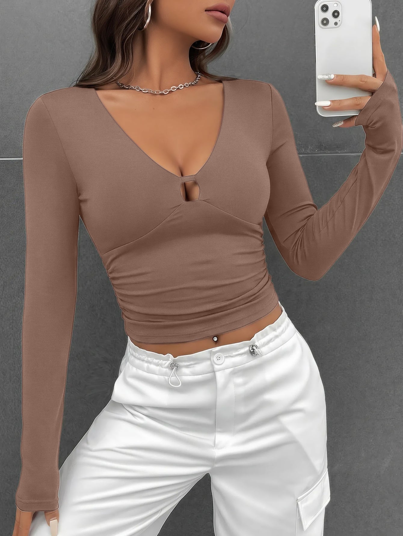 Sexy Cutout V Neck Long Sleeve Slim Fit Top