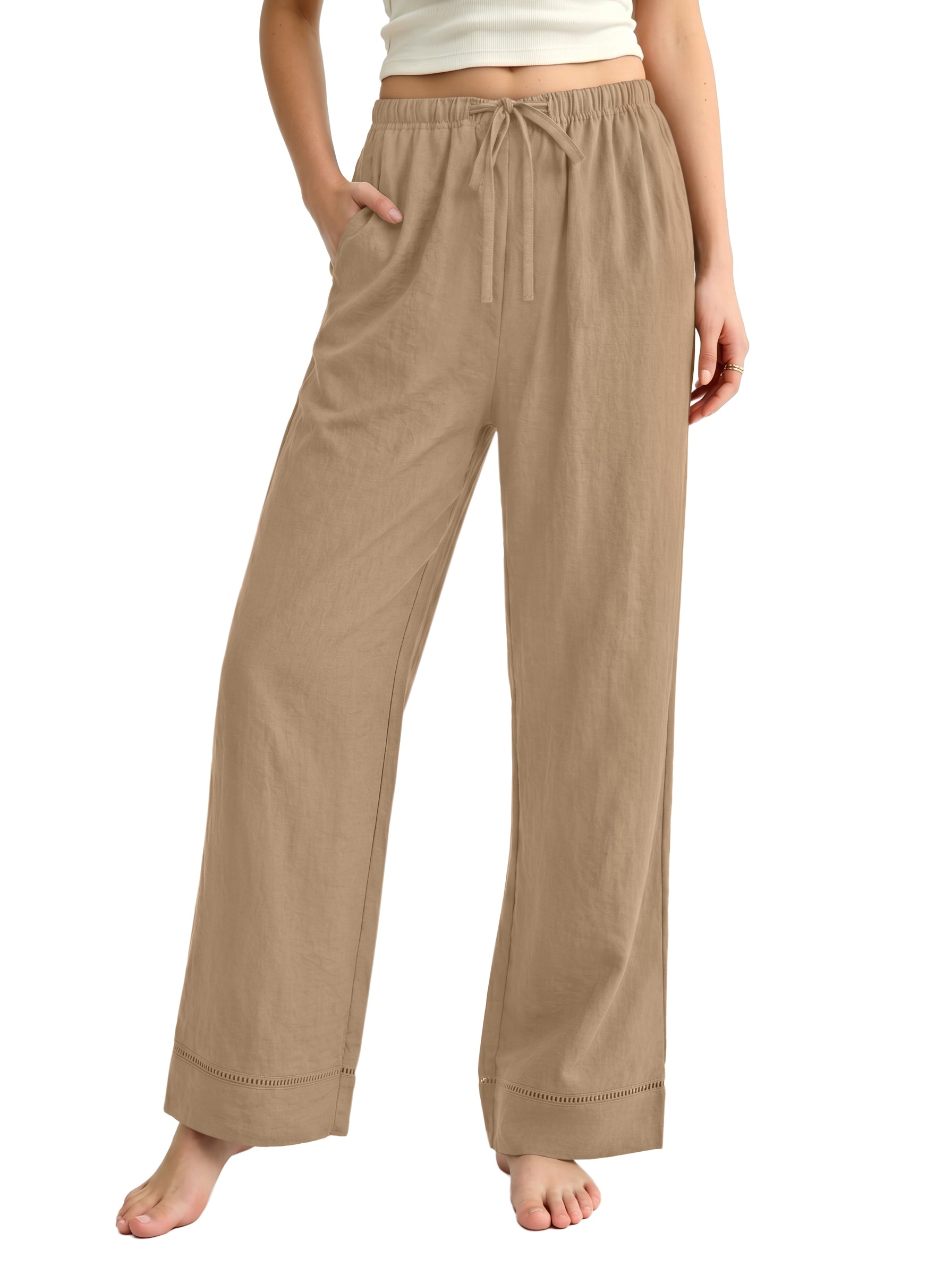 REORIA Women's Wide Leg Palazzo Pants | Drawstring Elastic Waist with Pockets